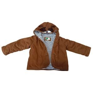 Mini Boden Sprout Dog Corduroy Jacket Brown Navy Stripe Hooded Coat 2-3Y 2T 3T